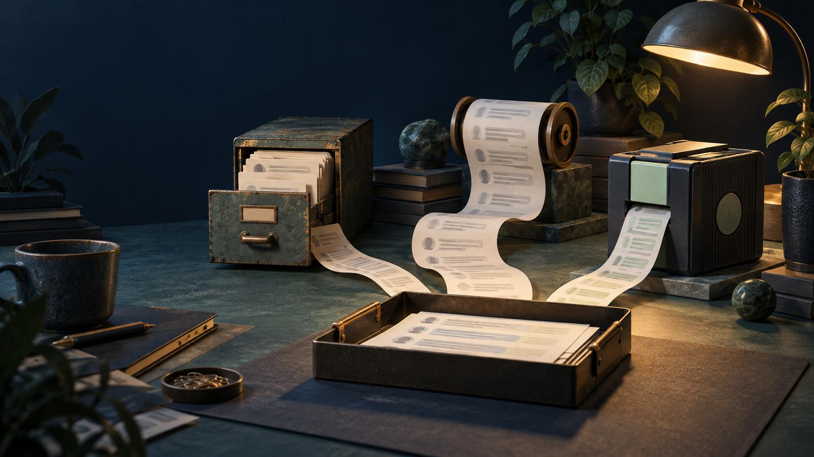 Editorial illustration: several distinct archives share a reading desk.