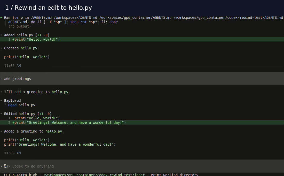 Terminal recording: add a greeting to hello.py, rewind the prompt to remove it, then redo to restore it.
