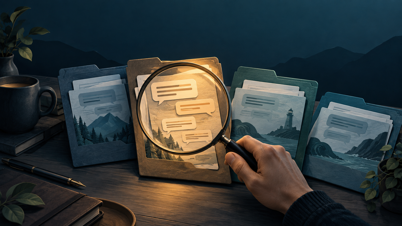 Editorial illustration: a lens examines conversation pages across project folders.