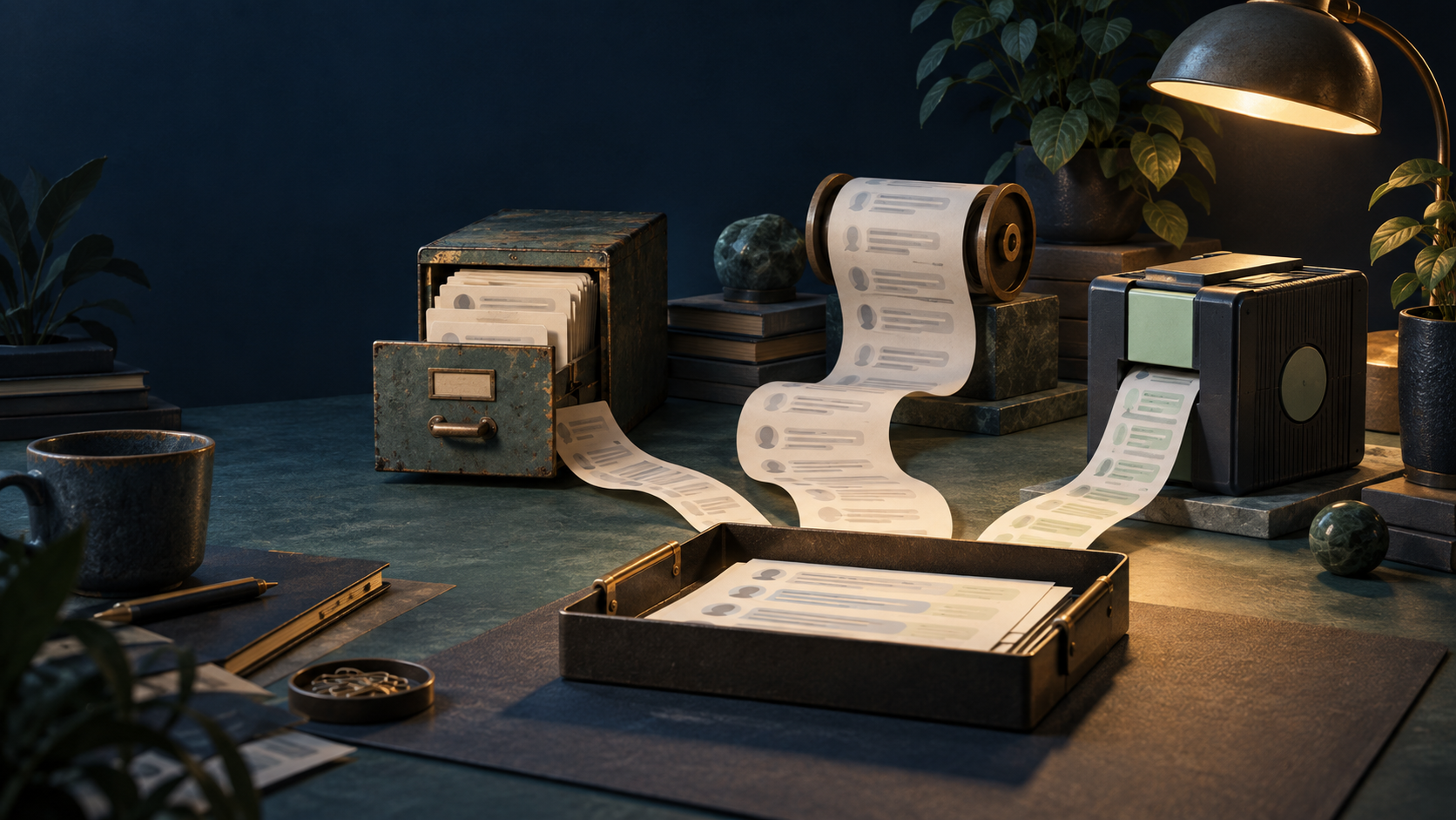 Editorial illustration: several distinct archives share a reading desk.